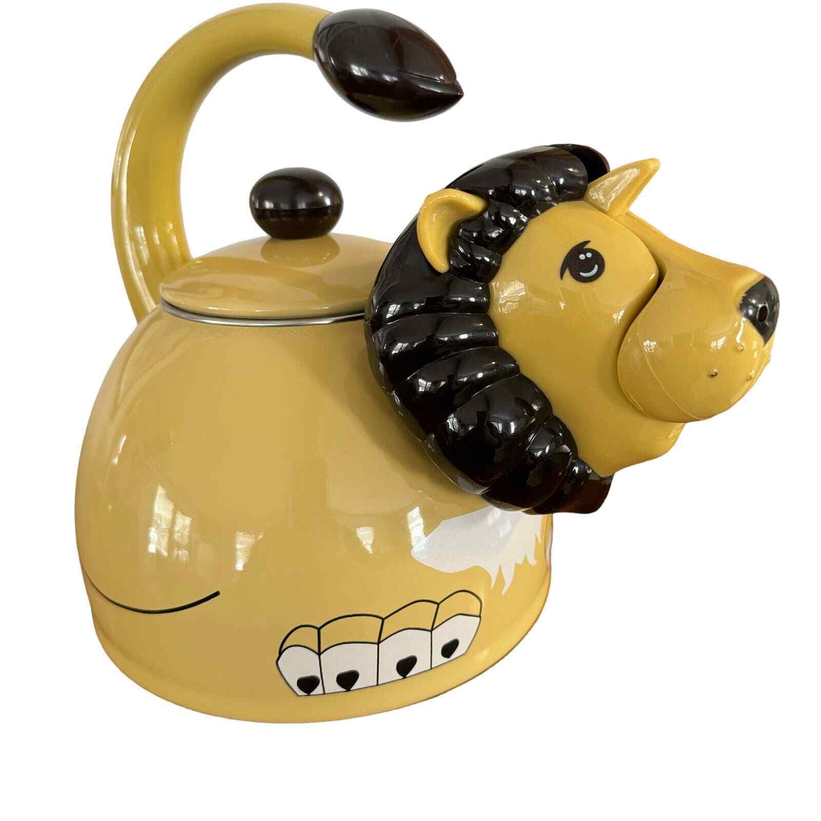 Vintage Kamenstein Lion Tea Kettle Migh-Tea Roar Yellow Enamel Whistling Rare