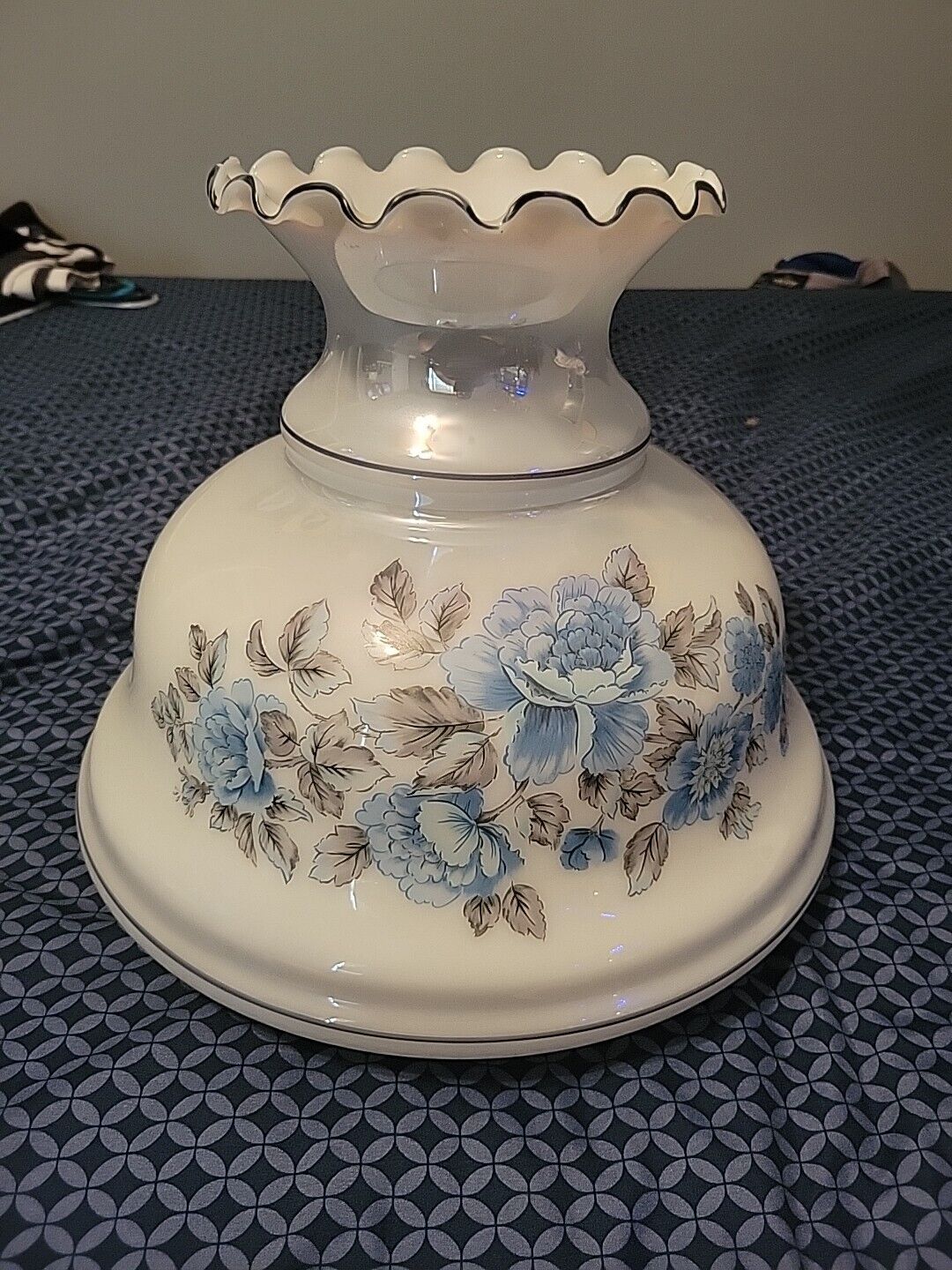 Large Vintage Iridescent White Milk Glass Hurricane Lamp Shade Globe Blue Roses