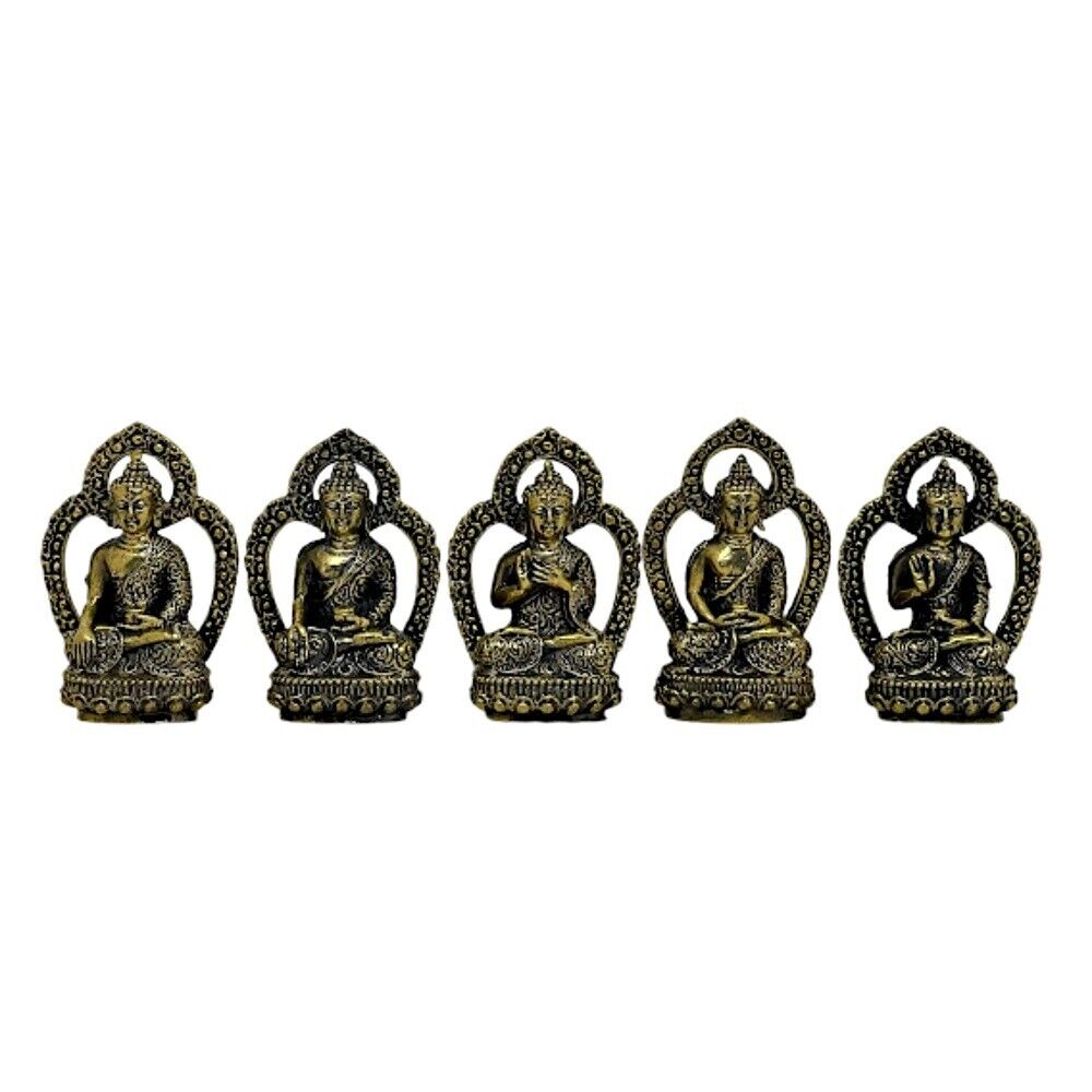 Five Dhyani Buddhas Brass Statue Tibet Seated Wisdom Shakyamuni Travel Amulet