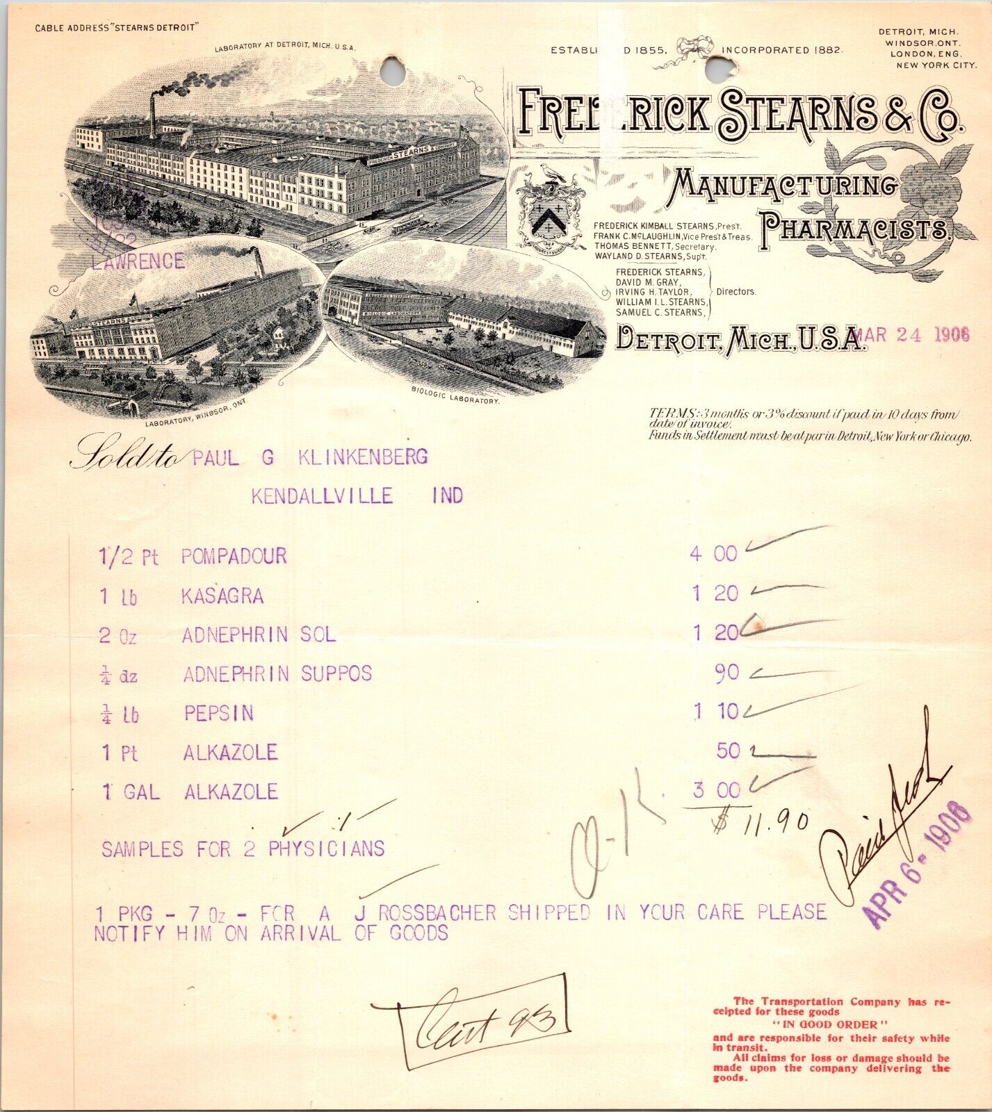 Frederick Stearns Detroit MI 1906 Billhead Manufacturing Pharmacists