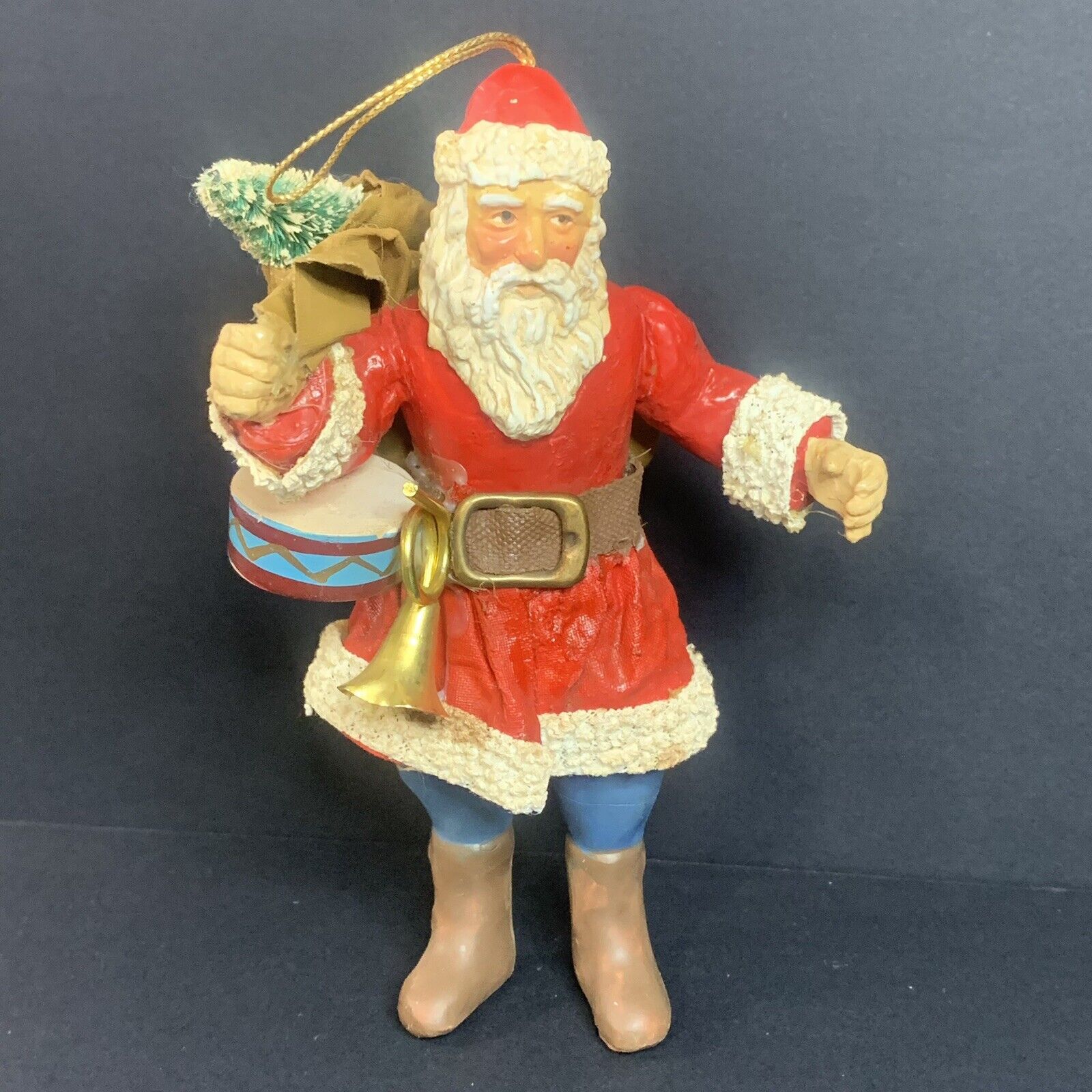 Vintage Santa Clause Standing With Bag Christmas Tree Ornament Drum & Horn
