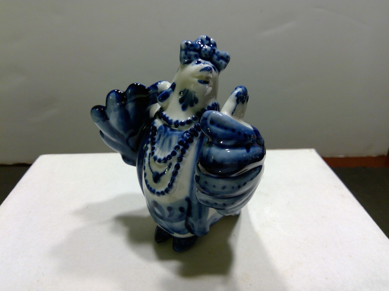 Gzhel Russian Blue & White Porcelain Fancy Chicken Looking in Mirror Figurine