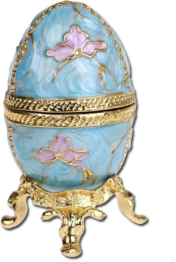 Bejeweled Faberge Egg Hinged Metal Enameled Crystal Jewelry Trinket box-Blue