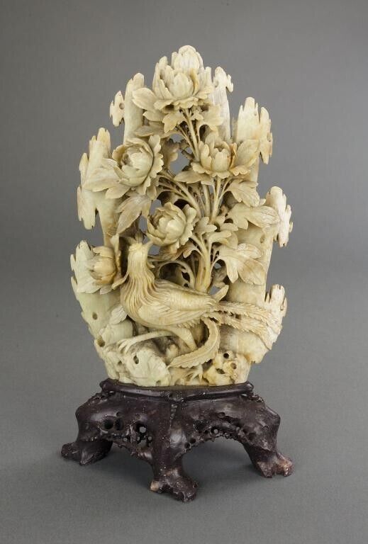 CHINESE CARVED SOAPSTONE OF A PHOENIX AND FLOWERS