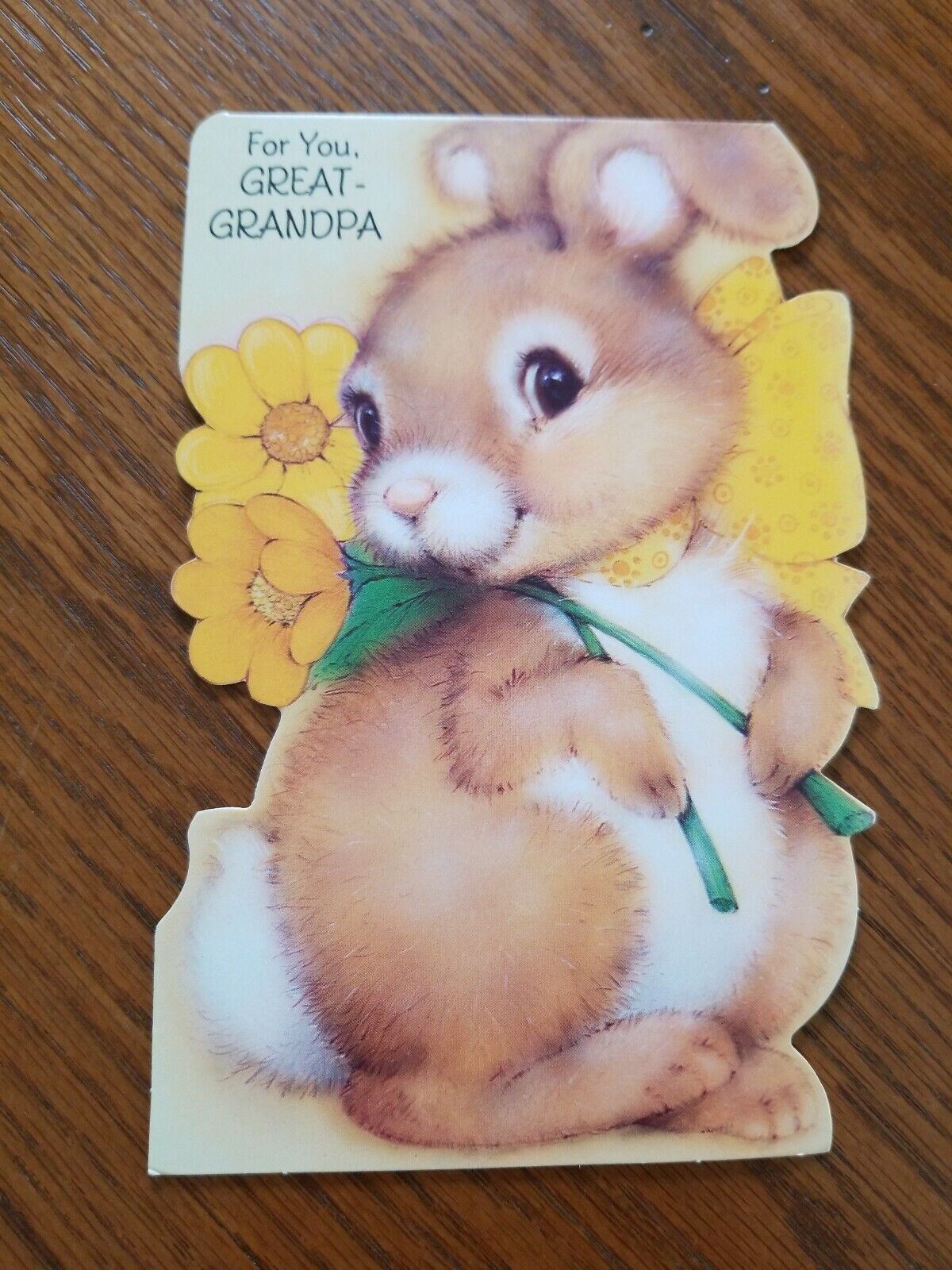 Vintage Great Grandpa Father\'s Day Card Bunny Holding Flowers Die Cut 1980\'s