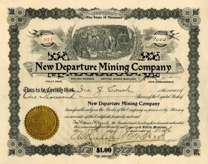 New Departure Mining Co. - Stock Certificate - Mining Stocks
