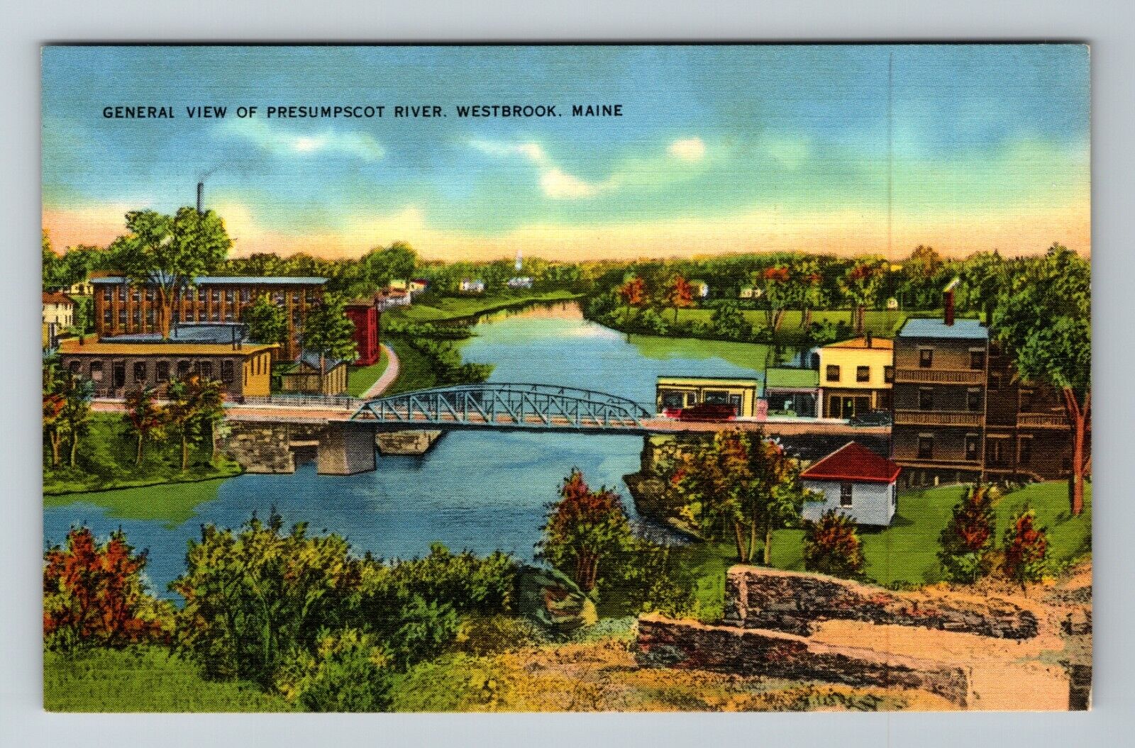 Westbrook ME-Maine, Presumpscot River Bridge, Town View Vintage Postcard