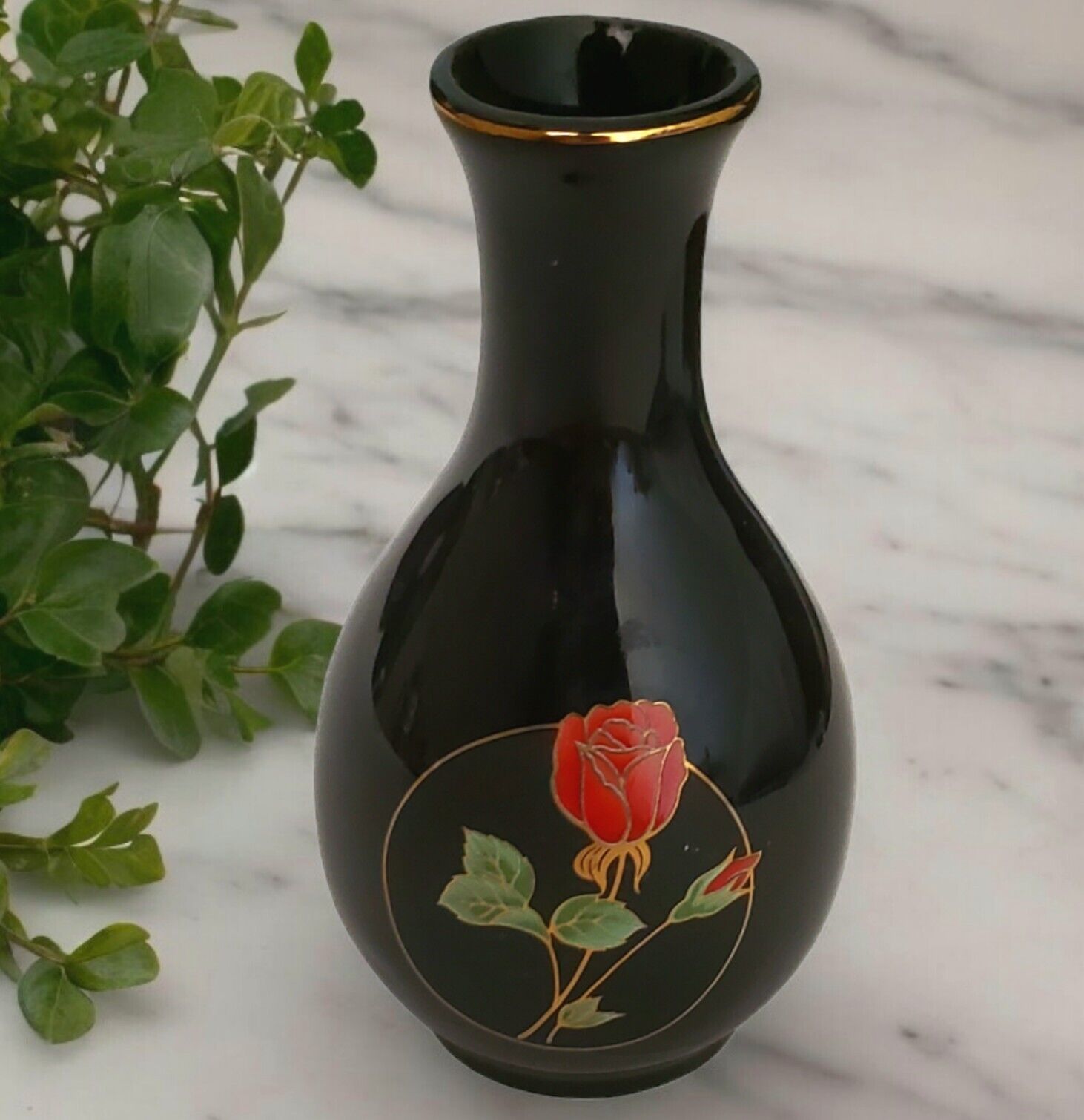 Otagiri Crimson Rose Bud Vase Black Porcelain Gold Trim Japan VTG Red Flower 4.5