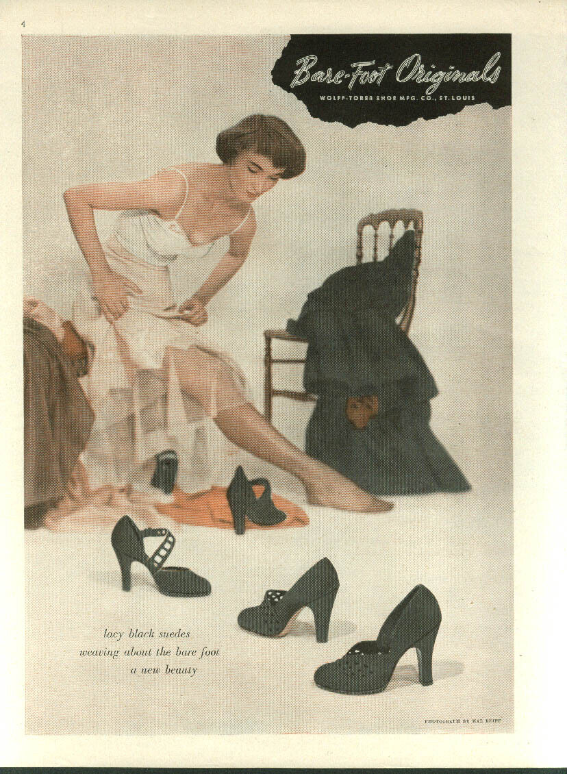 Lacy black suedes weaving about the bare foot Bare-Foot Originals shoes ad 1948