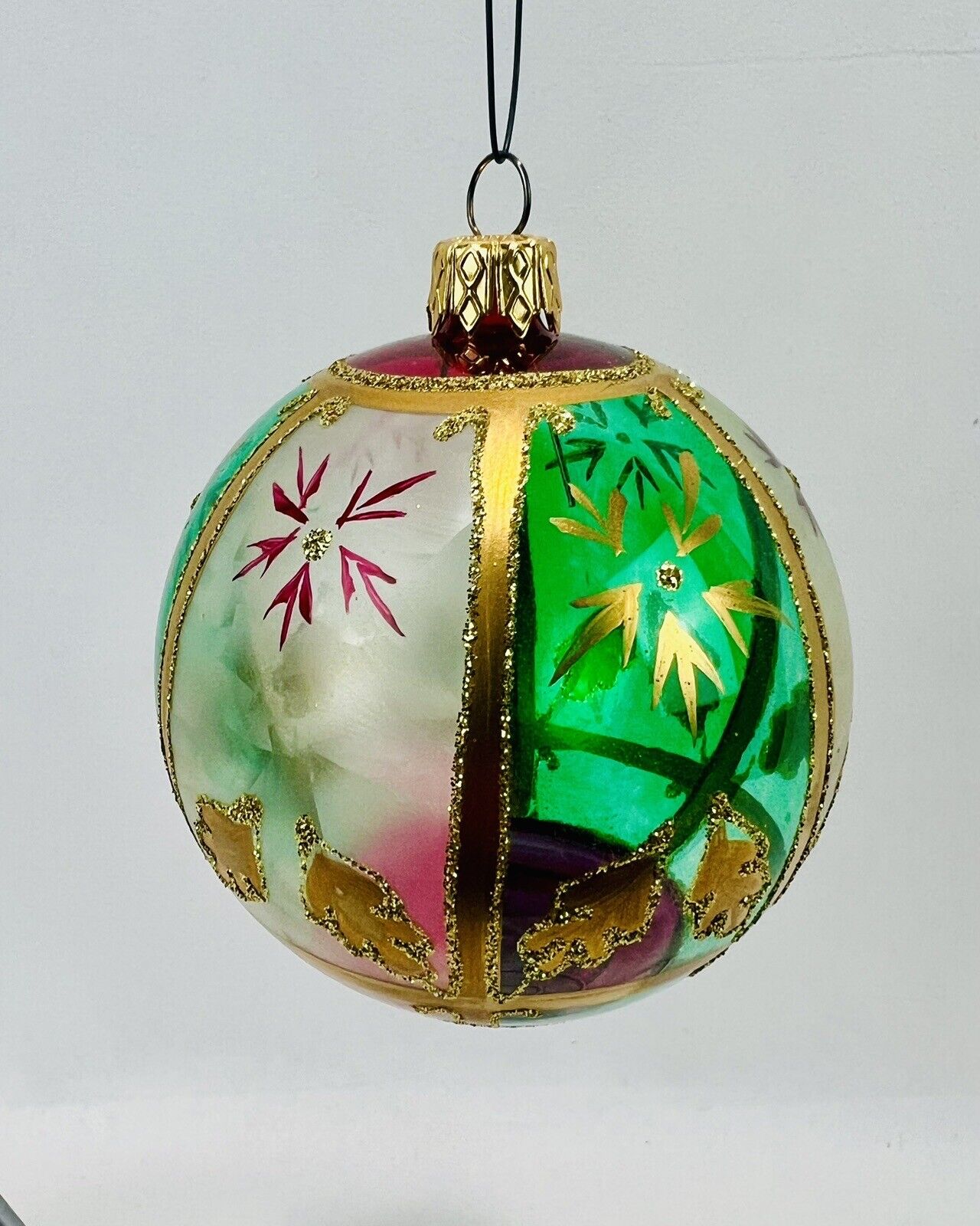 Vintage Unsilvered Red Green Gold Round Ball Glass Christmas Ornament Germany