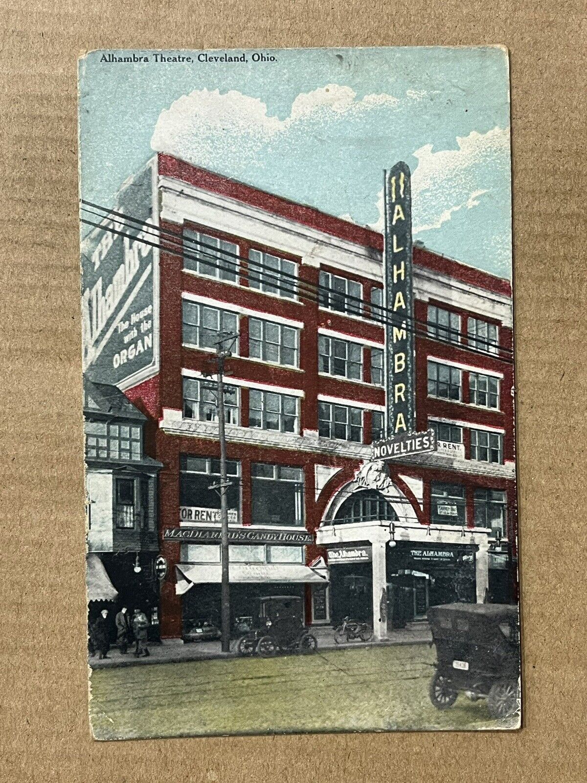 Postcard Cleveland OH Alhambra Theatre Old Cars Candy Store Vintage Ohio
