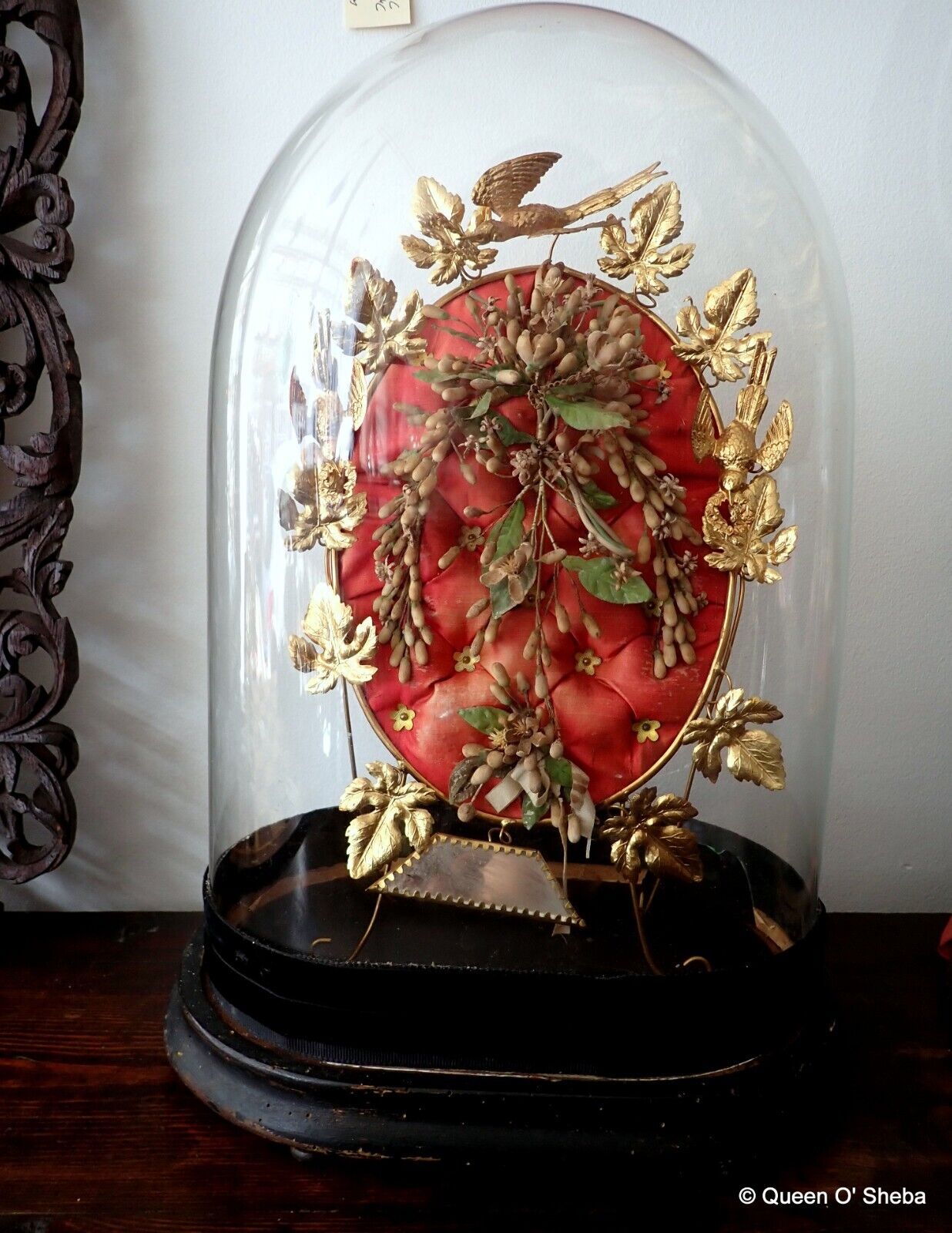 French Wedding Dome Globe De Mariee Antique Gilded Metal Wax Flowers Mirror#