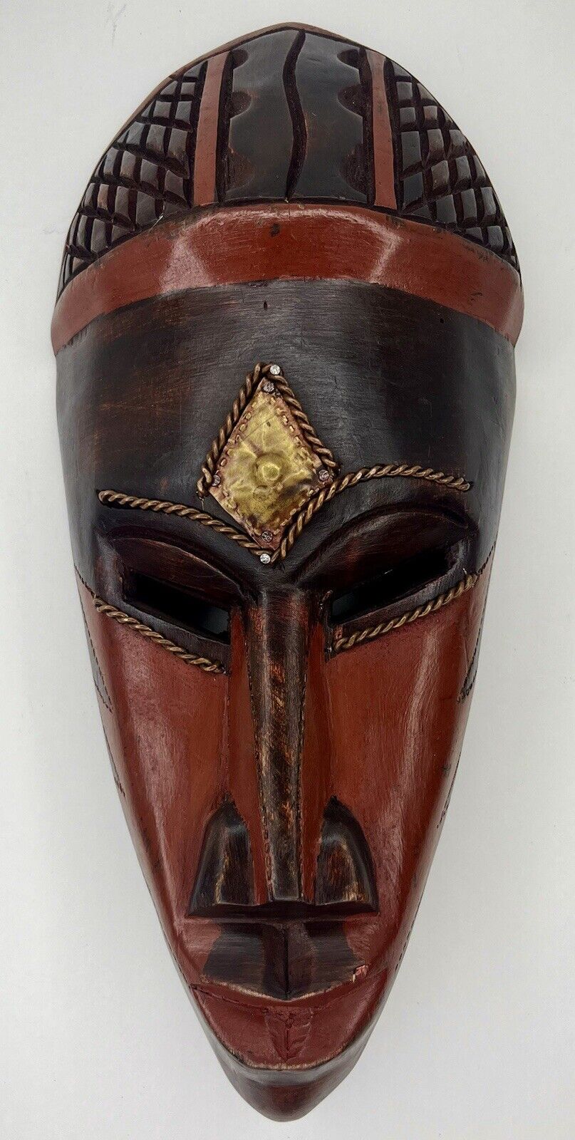 African Tribal Mask Wood & Tin Handcrafted & Stained Wall Hanger Sculpture Decor