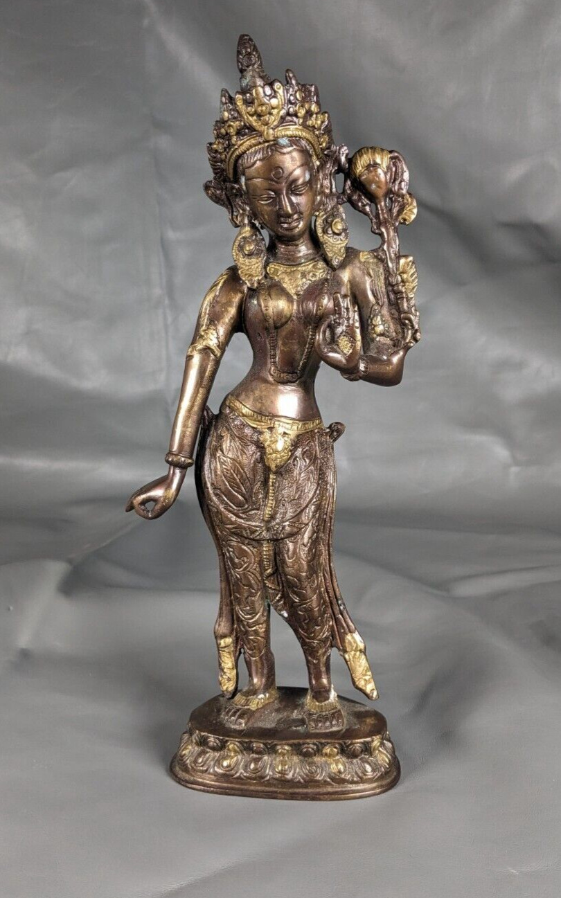 Goddess Standing Tara Statue Handcrafted Cast Bronze W/ Gold 12 Inches Tall