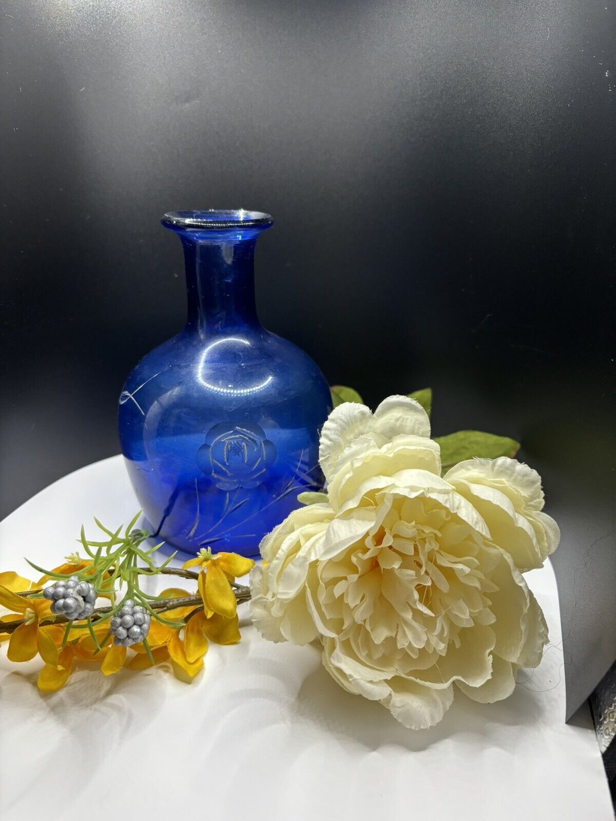 Cobalt blue Vintage etched glass vase