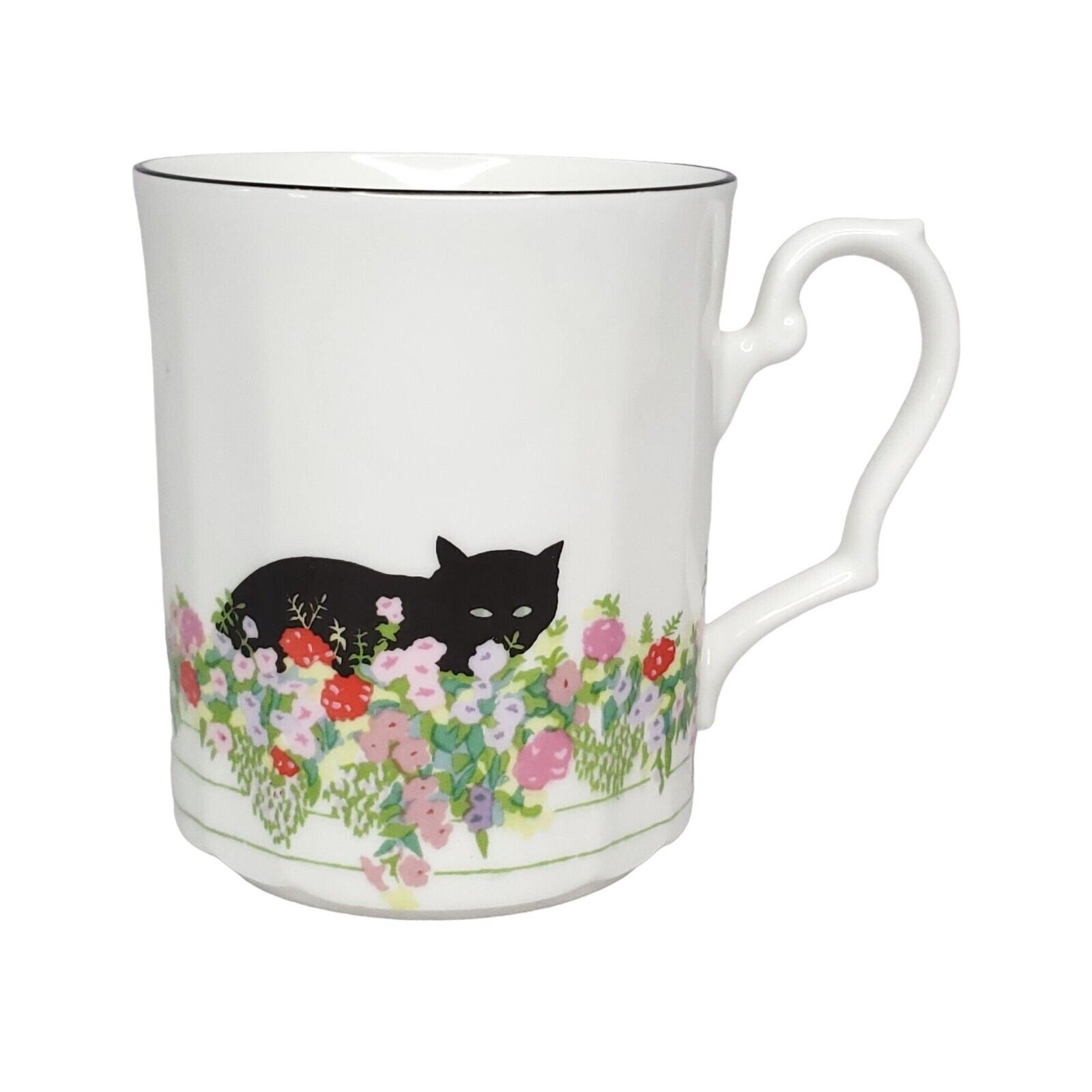 Sue Boettcher Staffordshire Black Cat Floral Coffee Mug Bone China