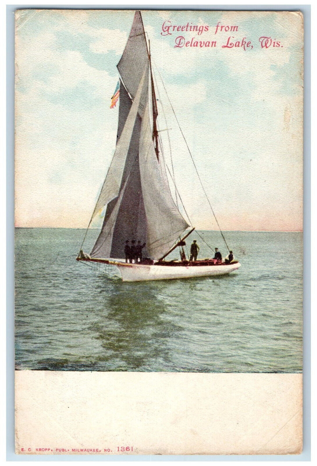 c1905 Greetings from Delavan Lake Wisconsin WI Sailboat Scene Postcard