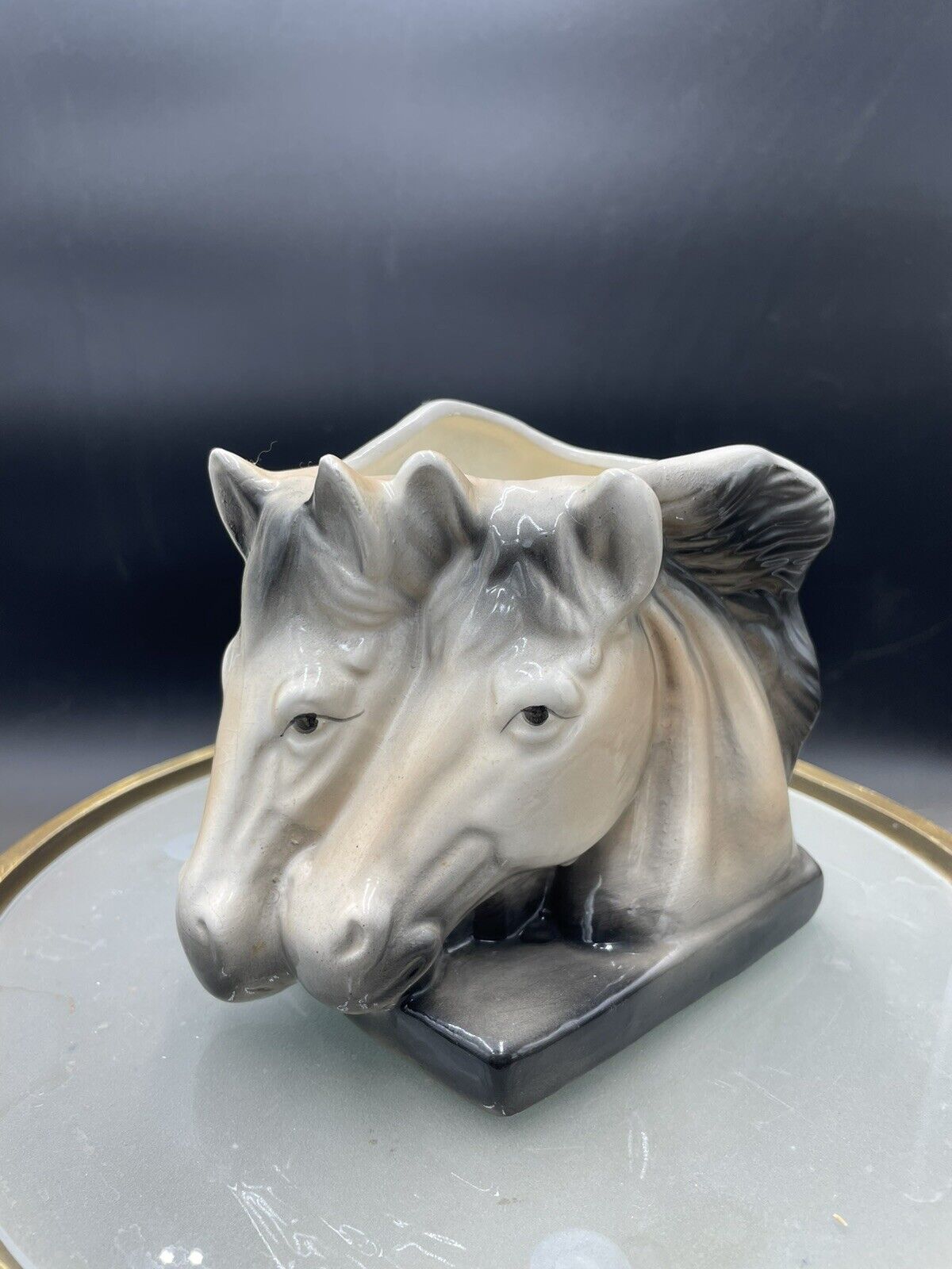 Vintage Double Horse Head Ceramic Planter Vase 5” By 5.5” VG