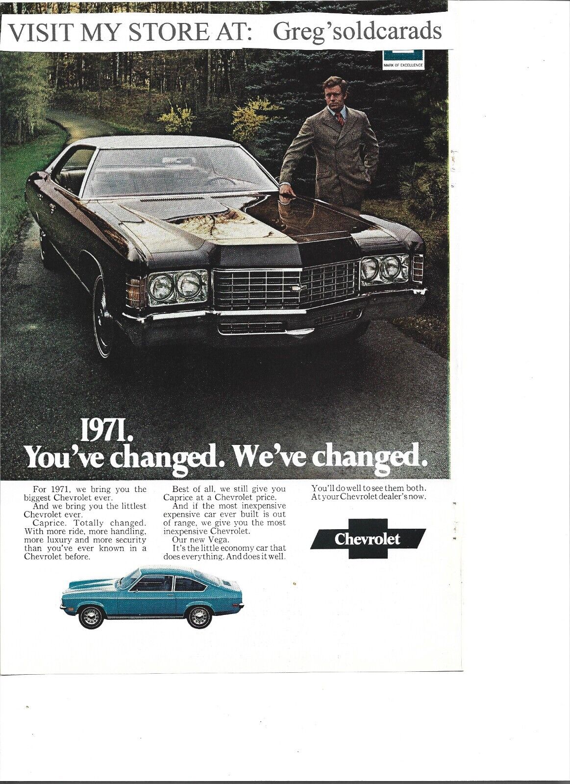 Two Original 1971 Chevrolet  Caprice print ad (ads), 1 also with a Vega
