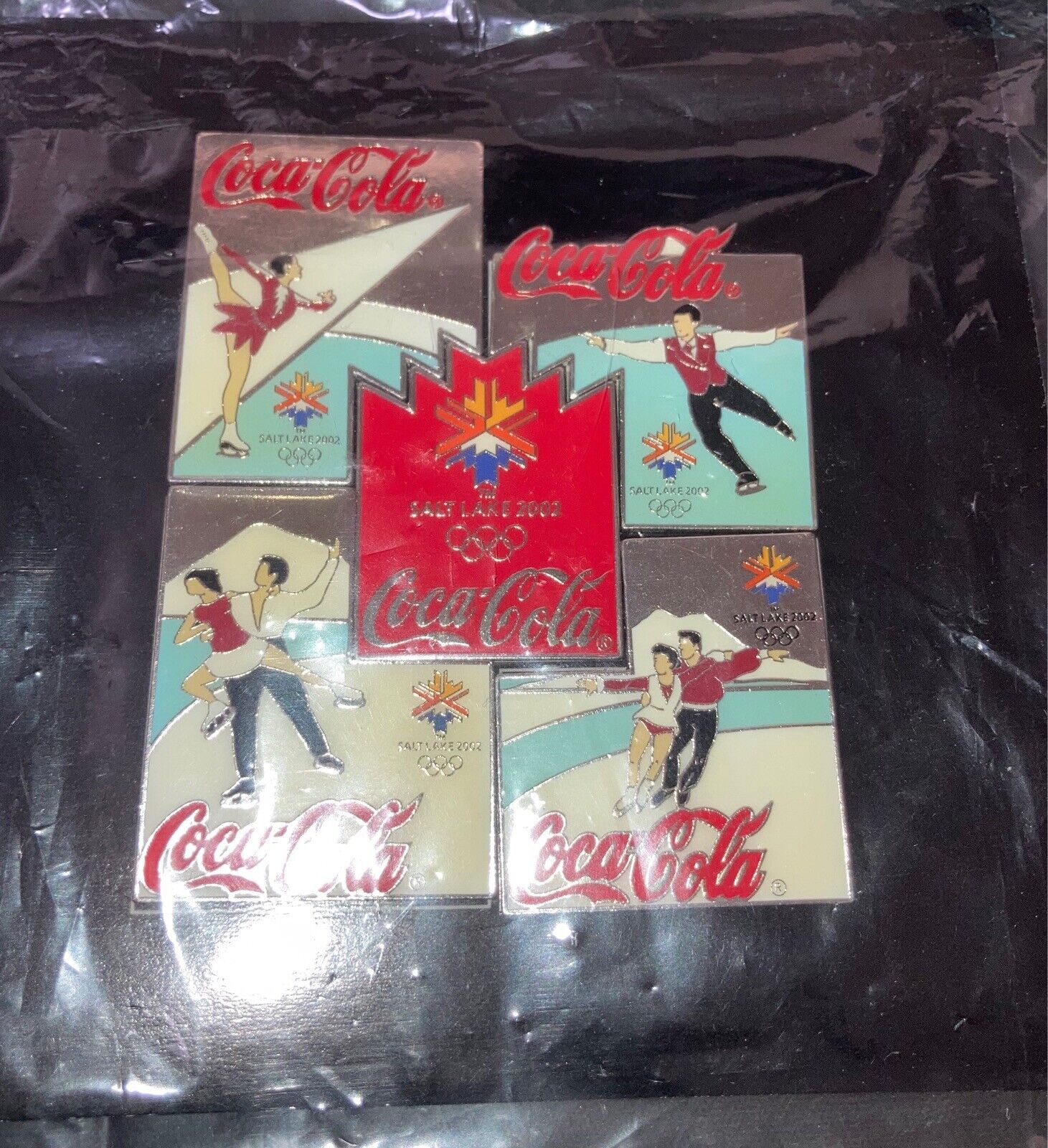 PIN 2002 Salt Lake City Olympics Coca Cola Figure Skating 5 Pin Puzzle Lot