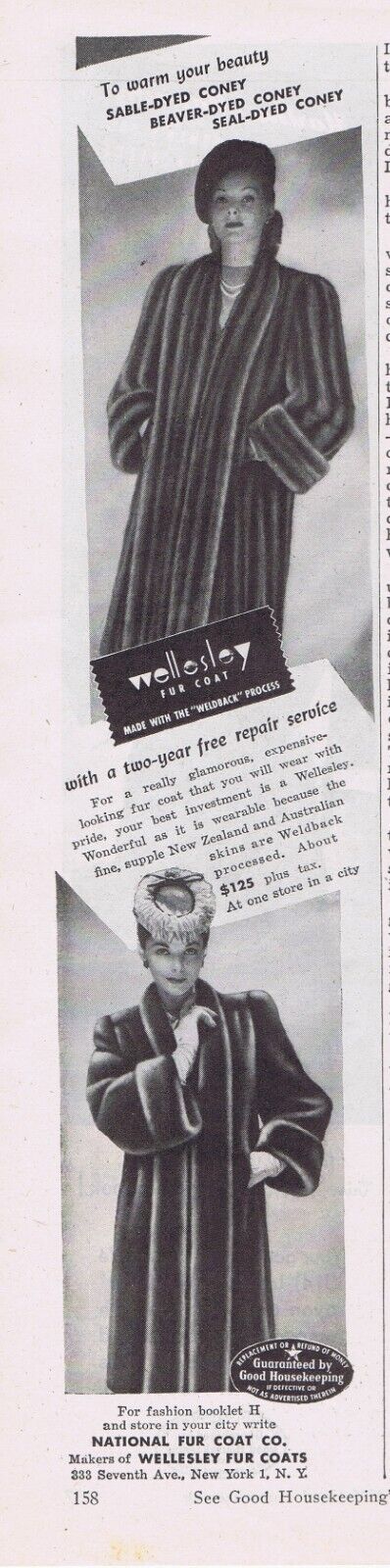 1945 Vintage Ad - WELLESLEY FUR COATS