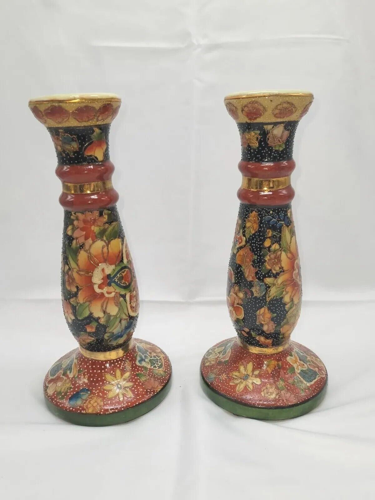 Oriental Accent Candle Holders Set of 2 Vintage Porcelain 10 Inches