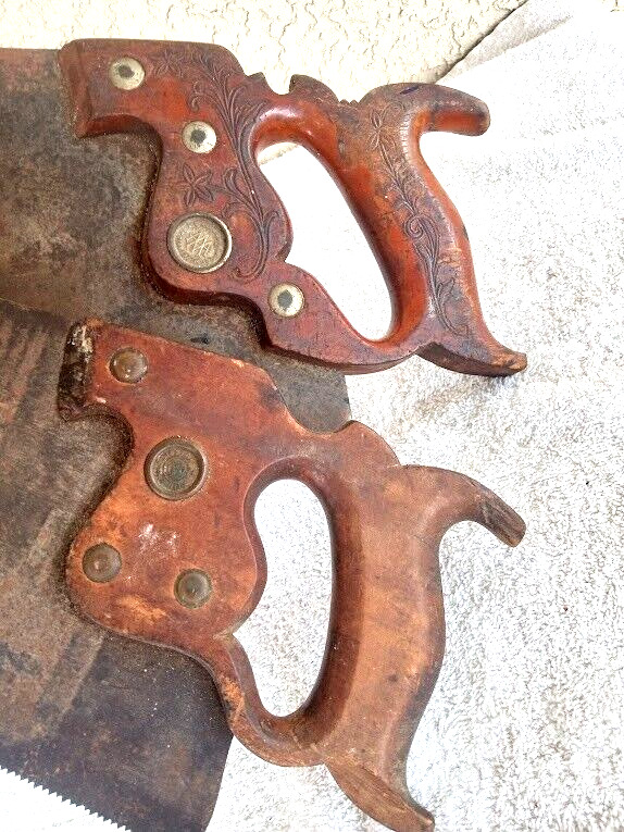 Antique Disston & E C Atkins Hand Saw Hand Made Handles Brass Screws & Emblems.