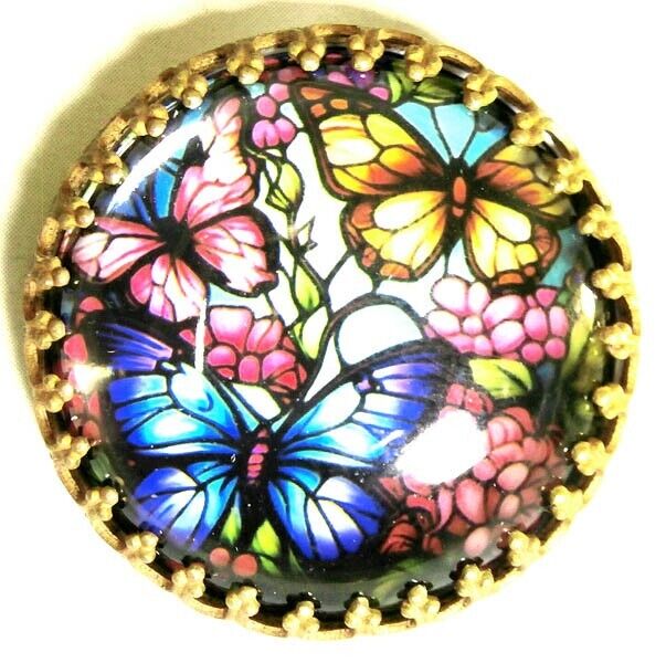 1 Czech Glass/Brass Dome Butt. #P162-STAINED GLASS MOTIF-ANTIQ. Components-LARGE