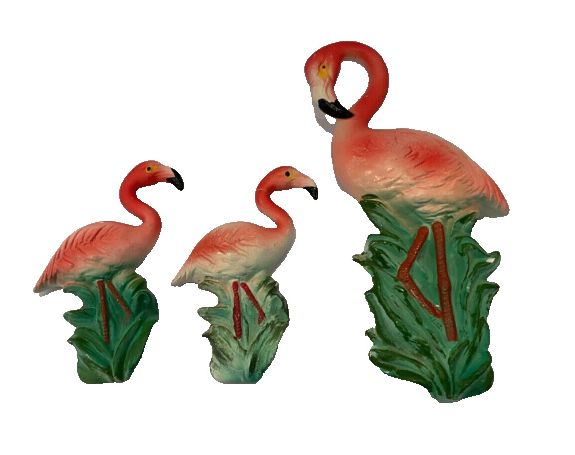 3 MCM Vintage Bradley Ceramic Pink Flamingos Wall Plaques