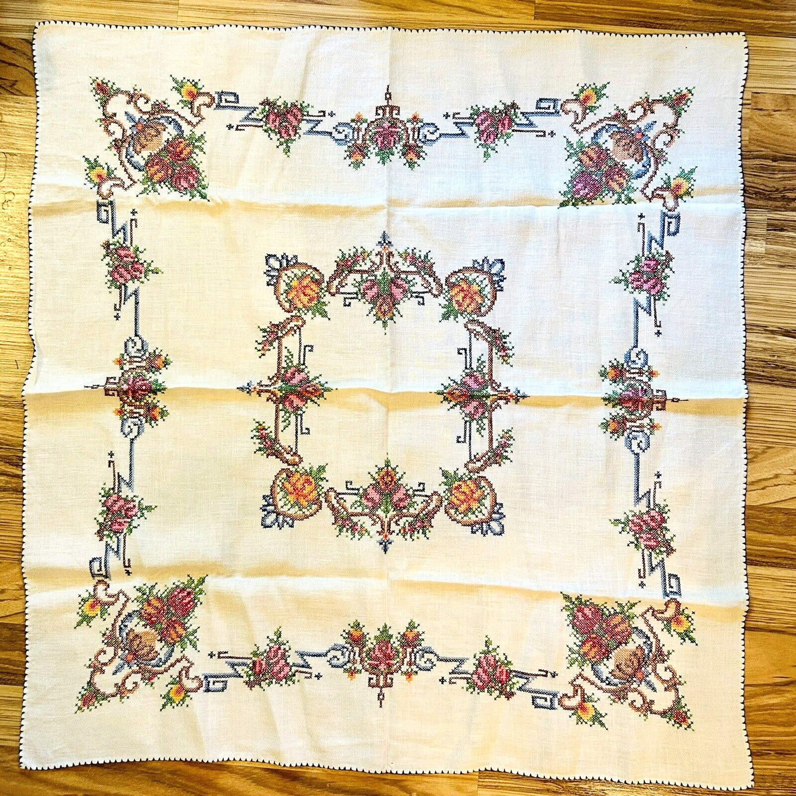 Vintage Square Cross Stitch Table Cloth Floral Handmade Linen 32 inch
