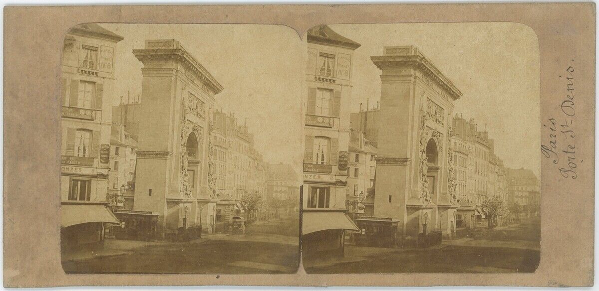 Stereo circa 1865. Paris. Porte Saint-Denis. Compagnie Générale des omnibuses.