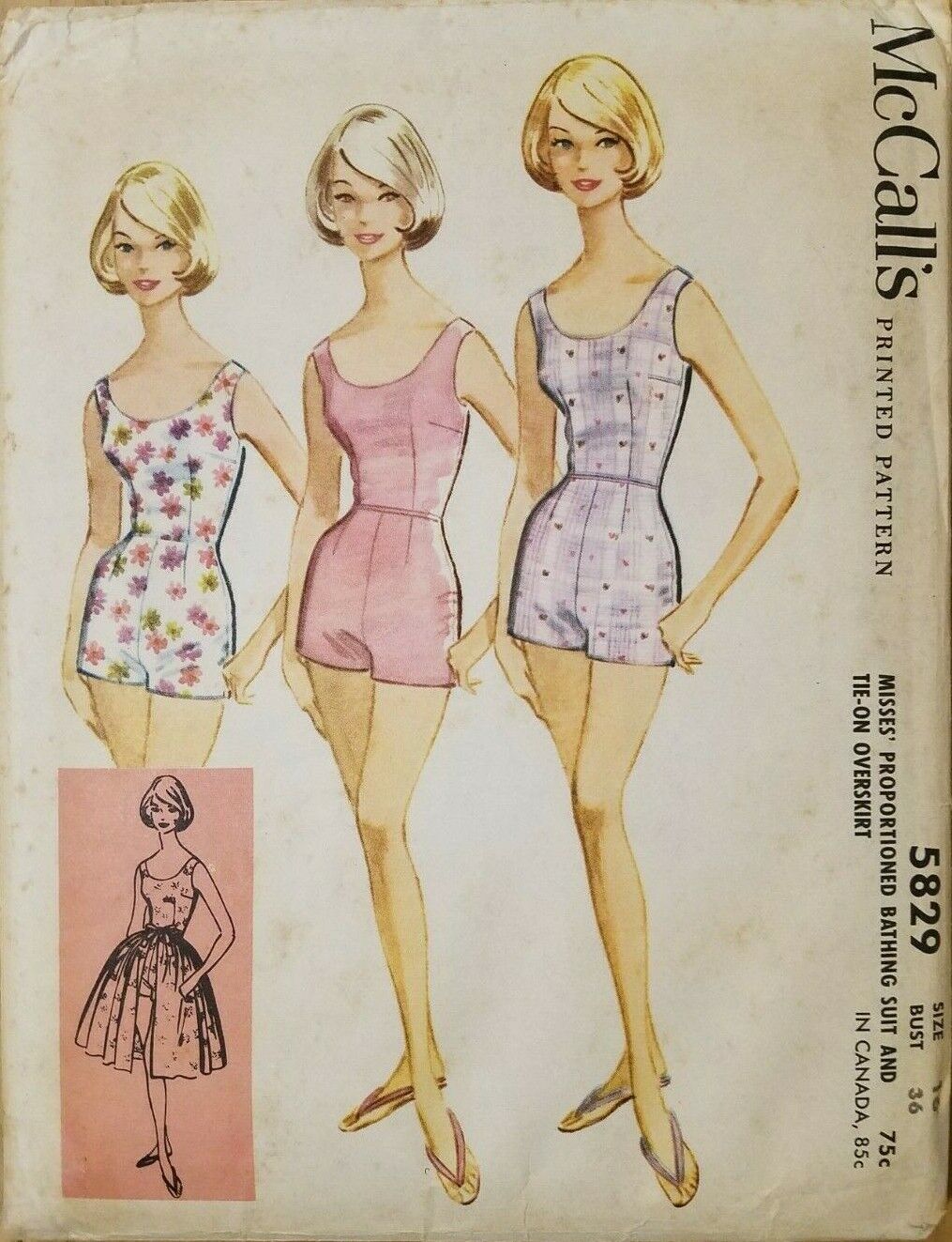 1961 McCalls Trim Bathing Suit w Tie on overskirt  Sz 16-36 Bust Pattern 5829