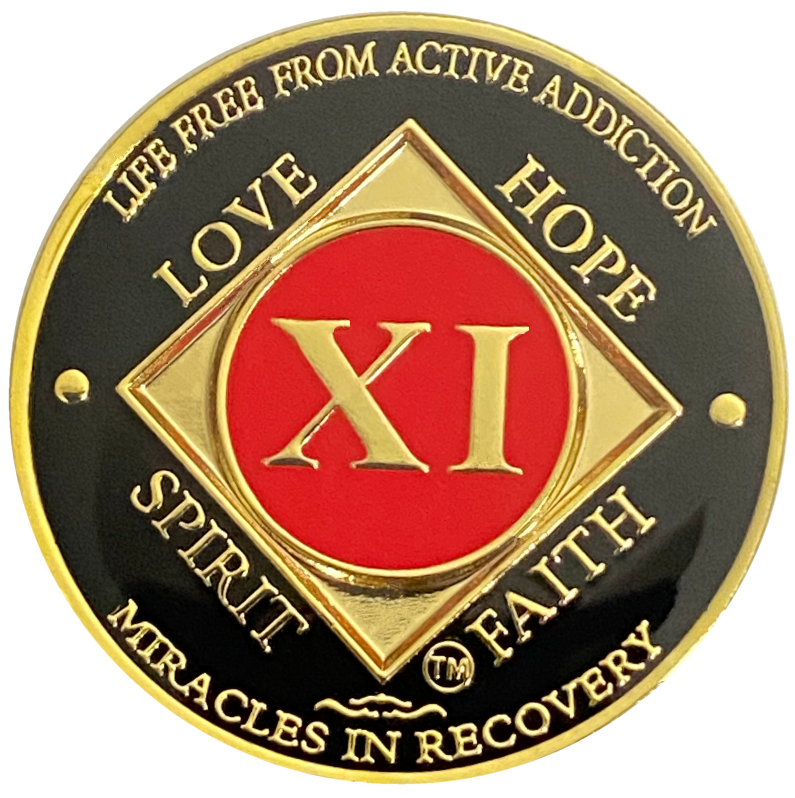 NA 11 Year Red, Gold Color Plated Coin, Narcotics Anonymous Medallion