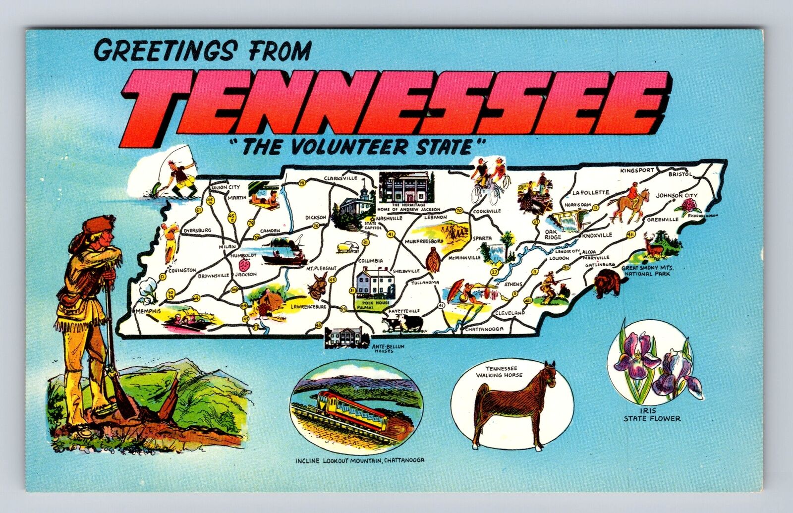TN- Tennessee, General Greetings Map Landmarks, Antique, Vintage Postcard