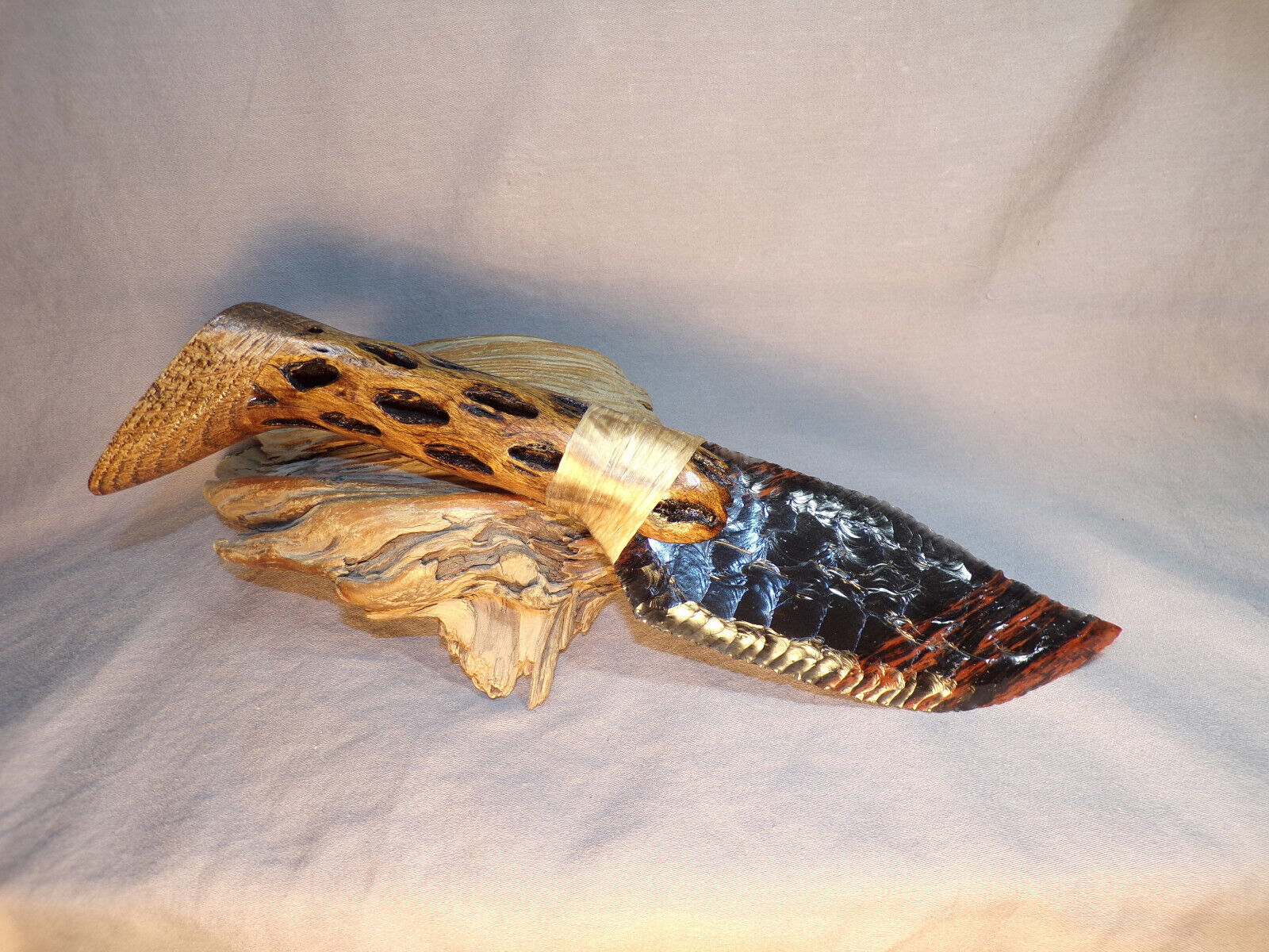 Triple Flow Obsidian Bowie Knife w Cholla Cactus Wood Handle COA Flint Knapping