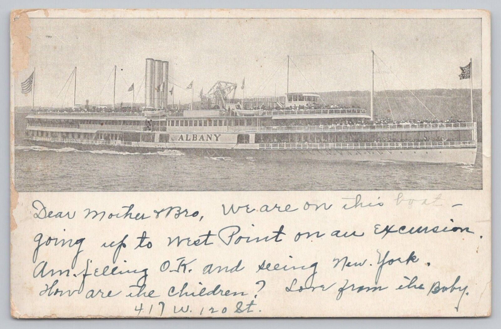 Postcard Hudson River Dayline, Albany Boat, Undivided Back Pre 1908
