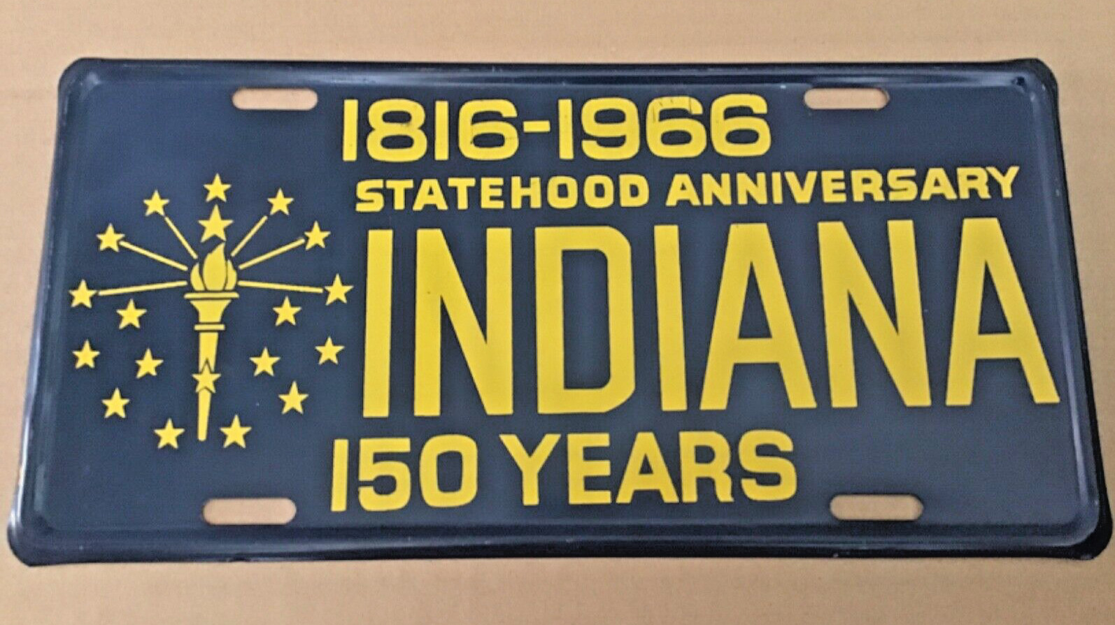 Indiana 150 yrs Statehood License Plate Booster Vintage misaligned steel