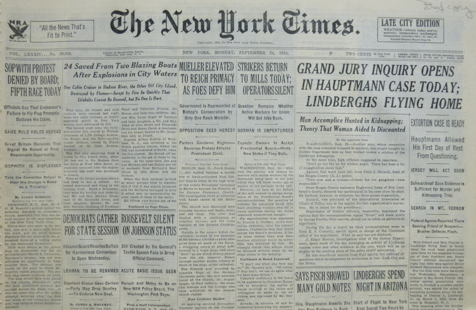9-1934 September 24 GRAND JURY INQUIRY OPENS IN HAUPTMANN CASE LINDBERGH   81st