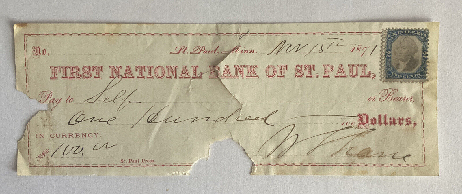 Vintage 1871 Check ~ First National Bank of St. Paul Minnesota MN $100