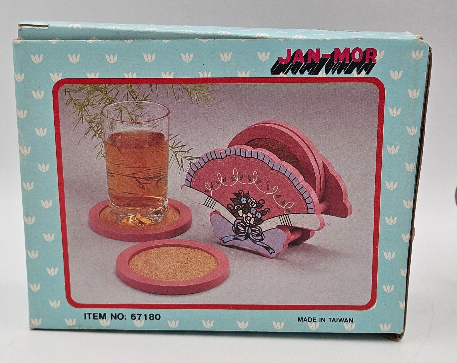 Vintage Jan-Mor Pink Floral Fan Shaped 4 Piece Coaster Set w/Holder
