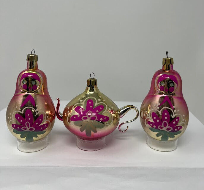 Vintage Christmas Russian Ornament Nesting Doll Tea Pot Blown Glass Set Of 3