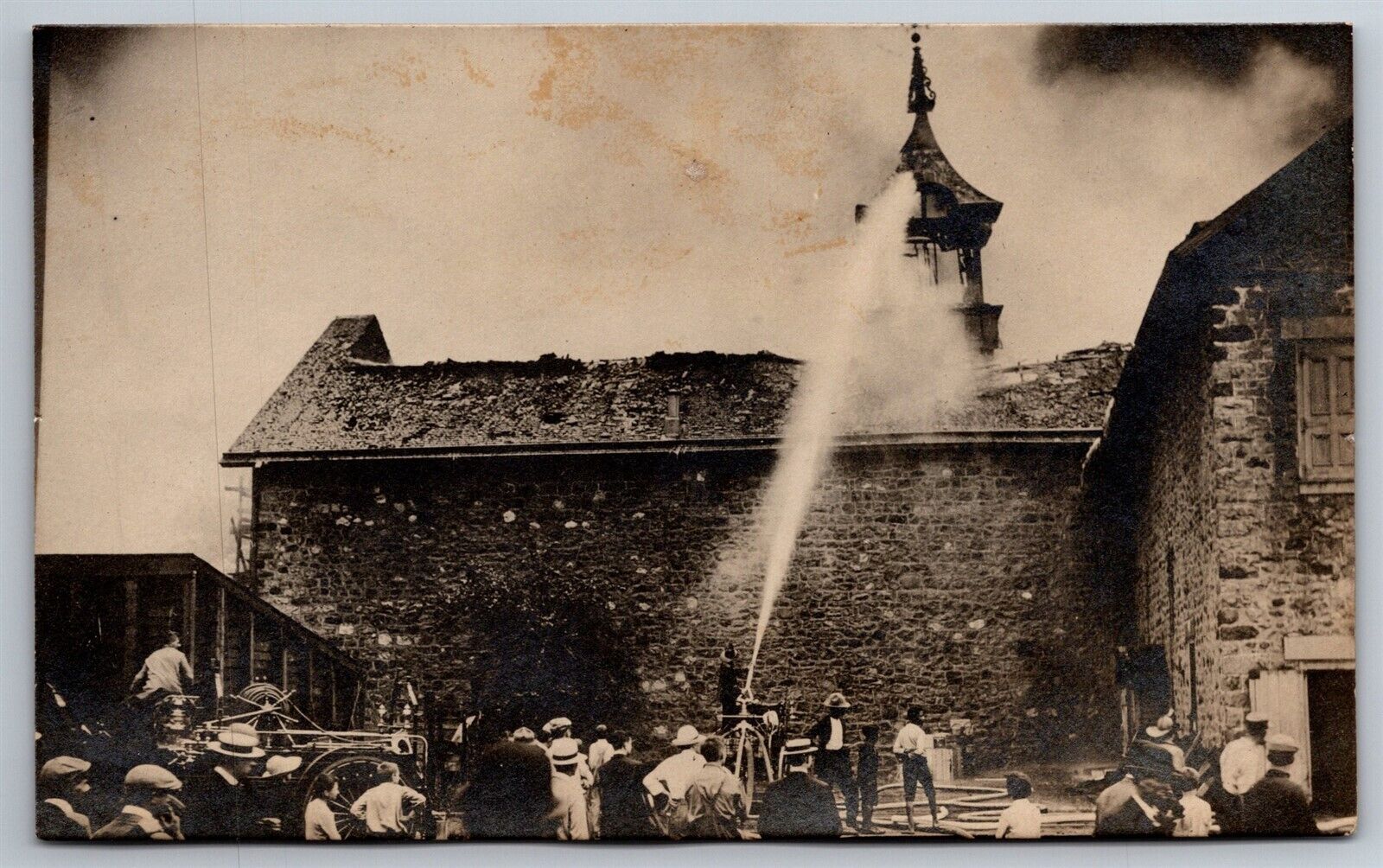RPPC Fire Fighters Pumping Water To Burning Rooftop C1904-1920s Postcard V18