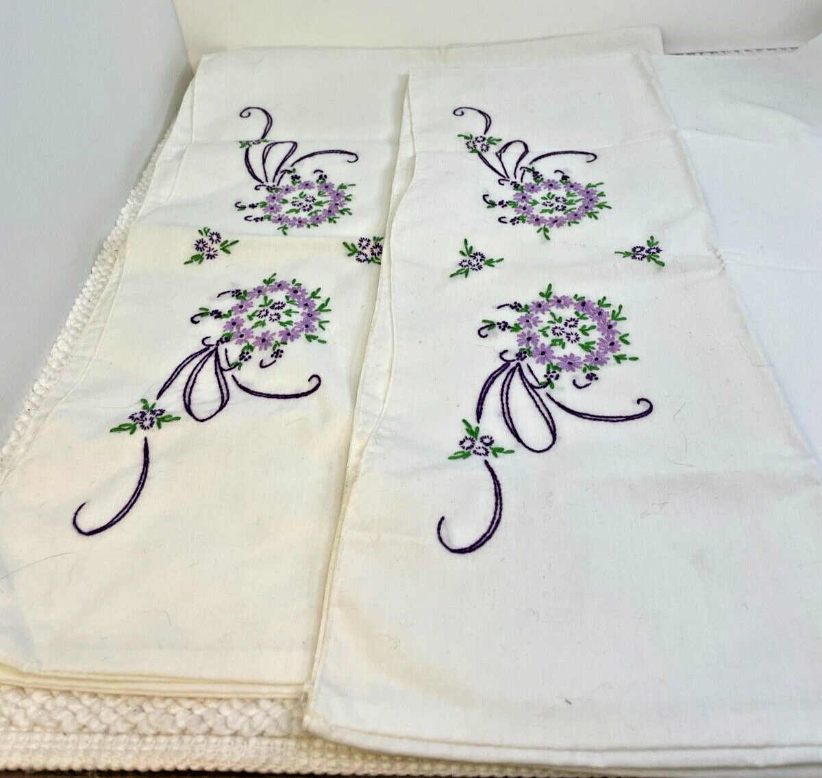 Set of 2 Handmade Hand Embroidered Standard Size Pillowcases Purple Flowers