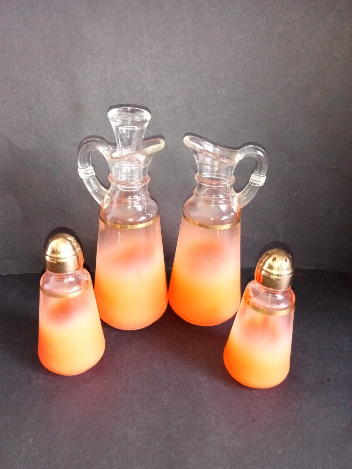 Vintage MCM Indiana Glass BLENDO Cruet, Salt & Pepper Set Orange w Gold