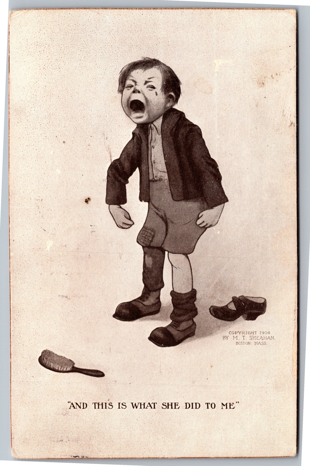 Postcard 1908 Sheahan crying boy spanked And this is what she did to me