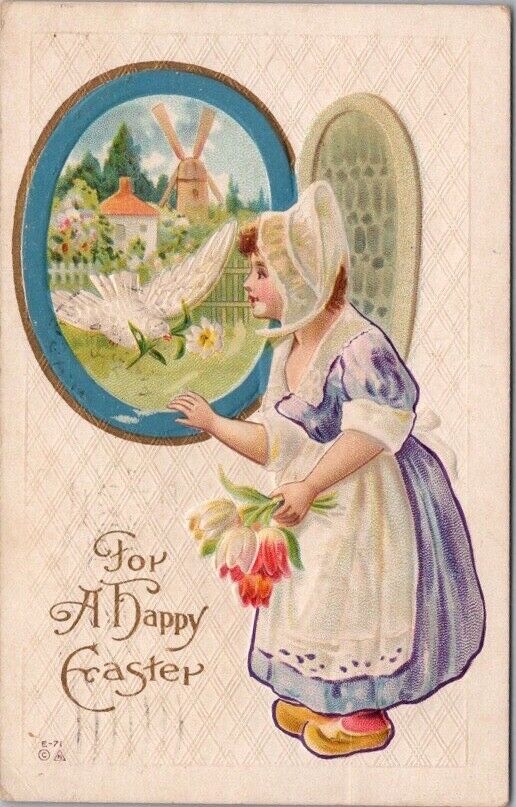 Vintage EASTER Embossed Postcard Dutch Girl / Dove / Windmill / 1914 Cancel