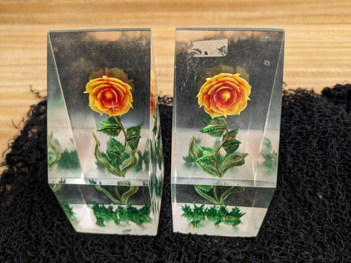 Vtg. reverse carved lucite bookends, MCM, flowers, leaves, grass.