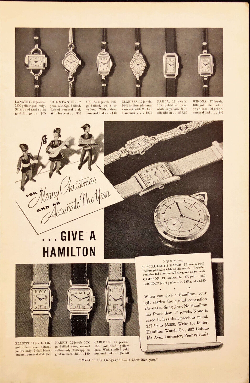 1937 Hamilton Watches Merry Christmas Accurate New Year Vintage Print Ad
