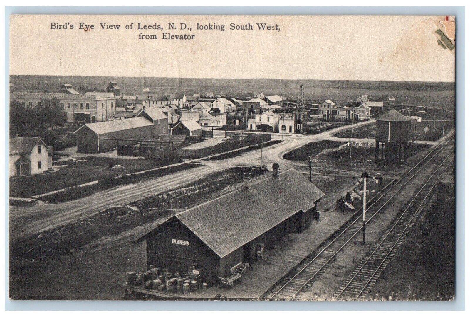 Leeds North Dakota ND Postcard Birds Eye View Looking South West Elevator c1909