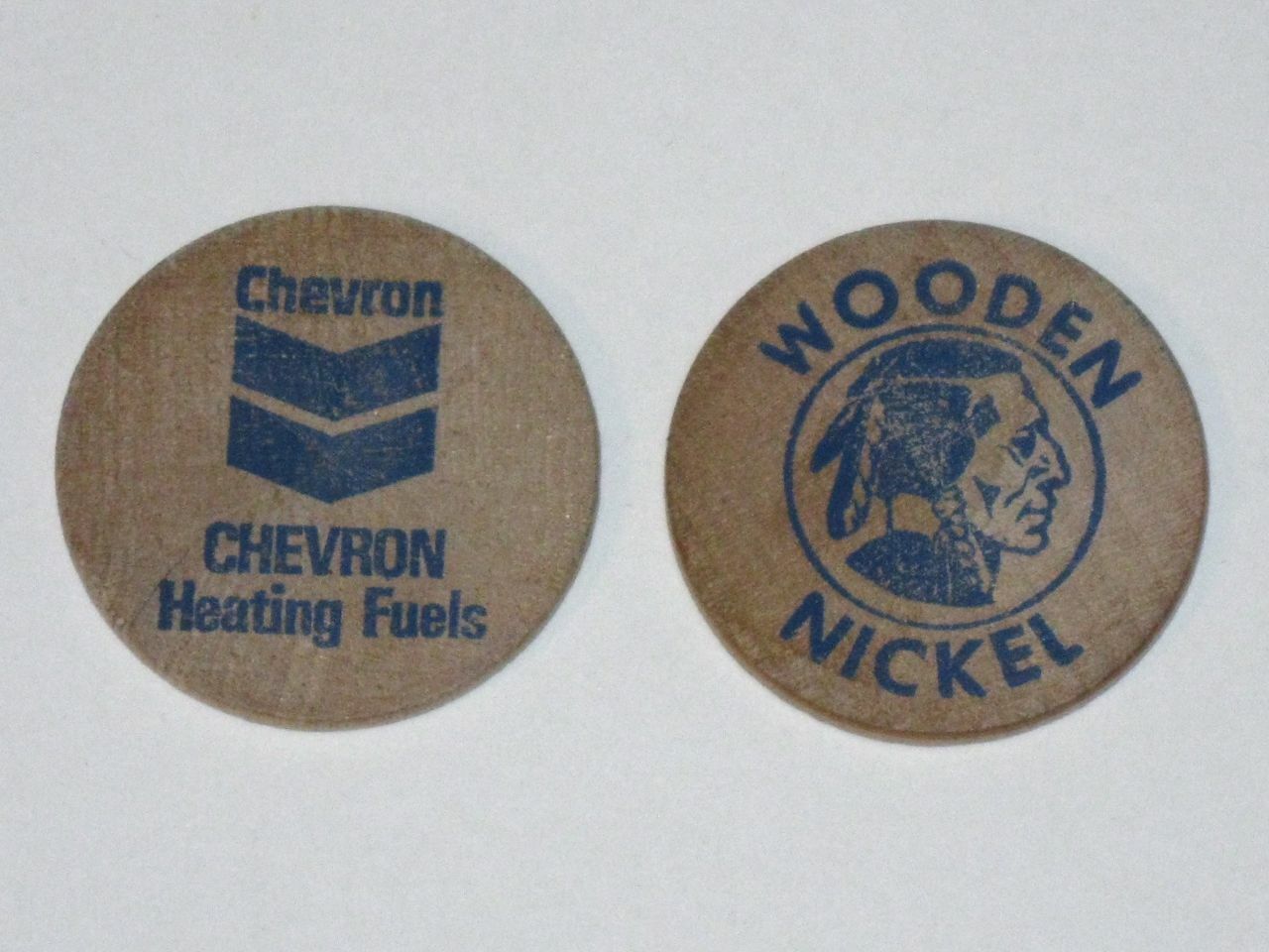 Pair of Vintage 1970s CHEVRON Fuel Oils Promotional WOODEN NICKELS Indian Head